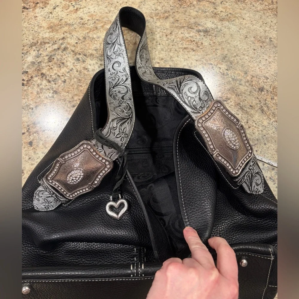 Brighton Black Concho Leather Women’s Shoulder Bag with Decorative Silver Strap